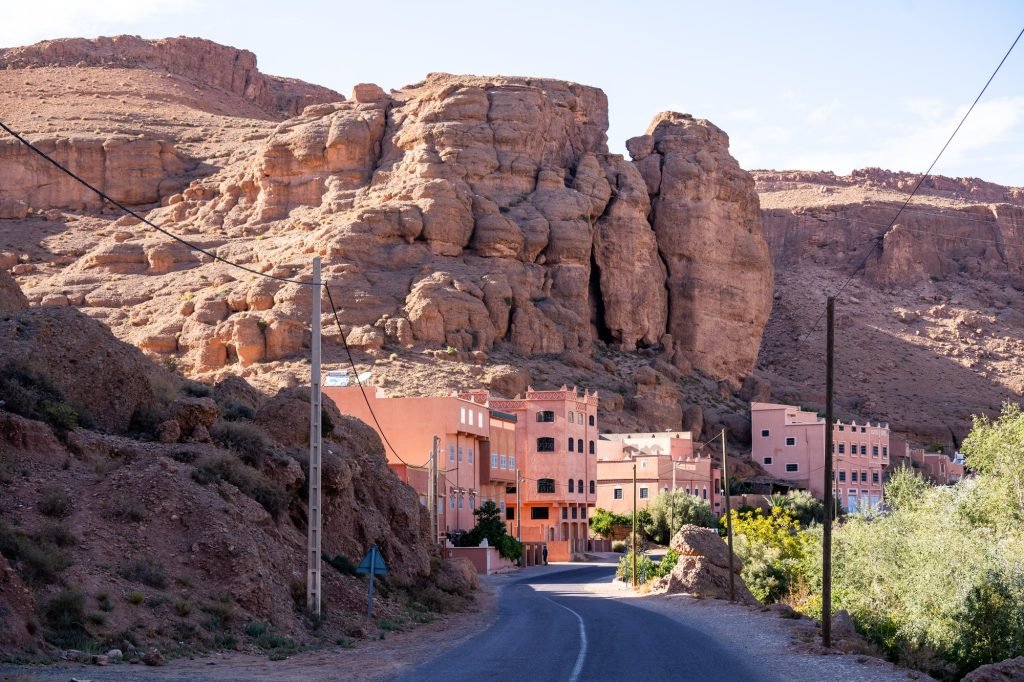 Single road through the mountains in Dades Gorge Morocco during sunset